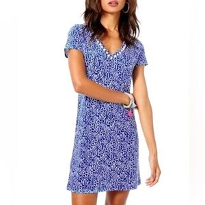 LILLY PULITZER ETTA CORSICA BLUE EASY PEASY Pima Cotton POM POM DRESS LARGE